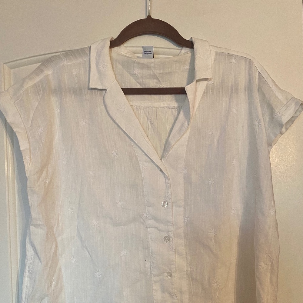 Button Down White Blouse with Embroidered Palm Trees